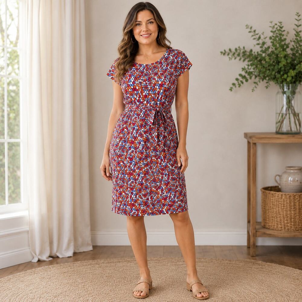 Blue Platypus Dress L Cotton Modal Geometric Novelty Print Belted Made USA Retro
